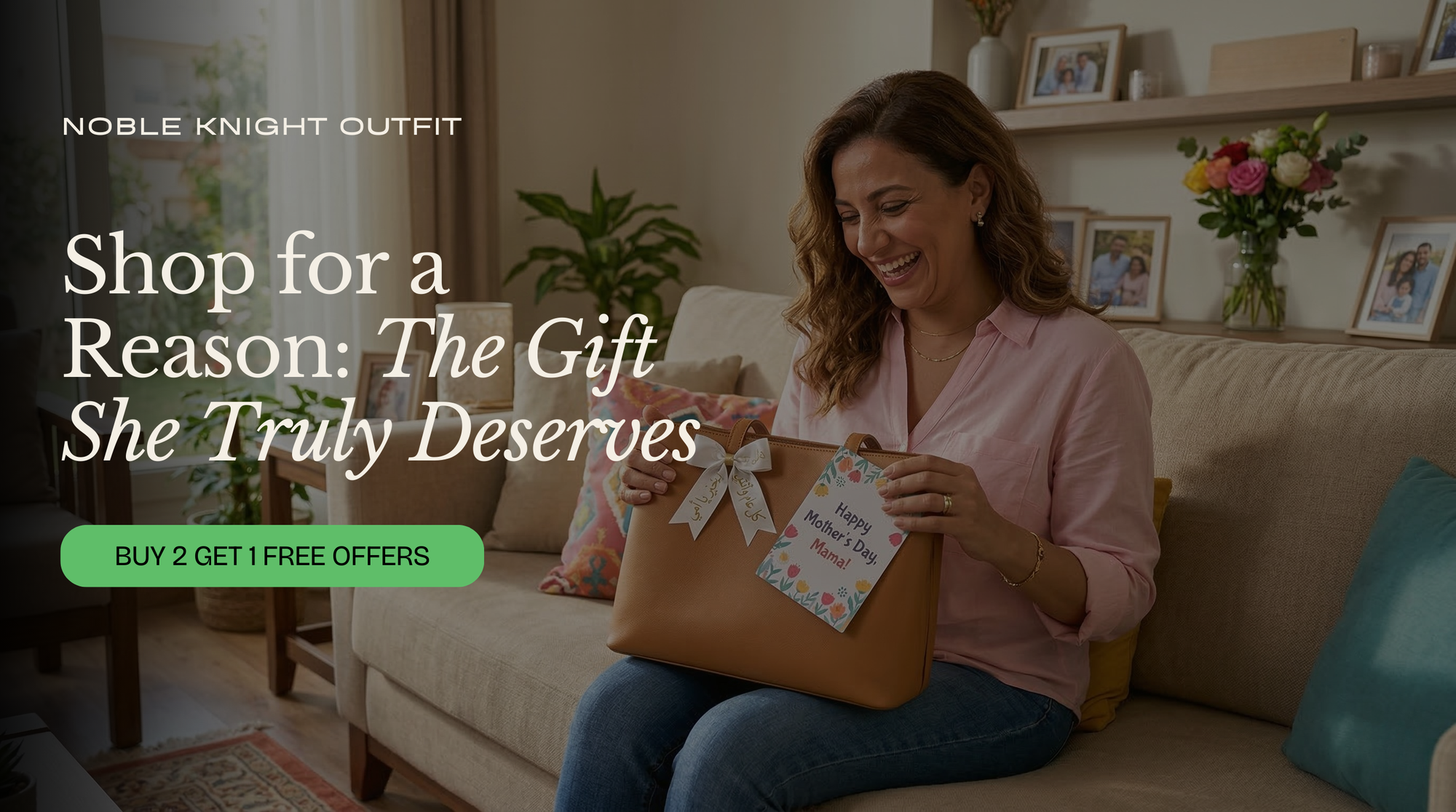 Woman sitting on a couch holding a gift bag with a card, promotional text overlay for 'Noble Knight Outfit'.