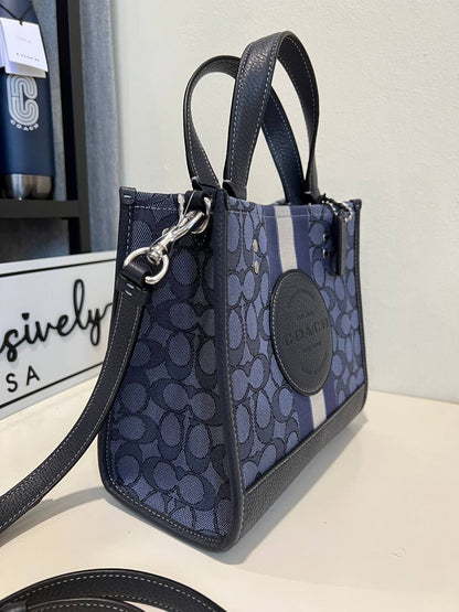 Coach Dempsey Tote 22 In Signature Jacquard With Stripe And Coach Patch in Navy
