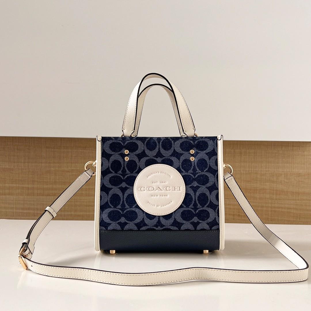 Coach Dempsey Tote 22 In Signature Jacquard With Stripe And Coach Patch in Navy