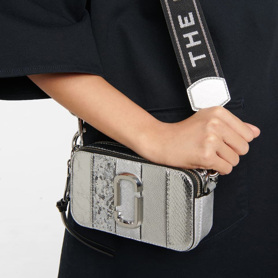 MARC JACOBS
Metallic Sequin Snake Embossed Calfskin Stripe Snapshot Camera Bag Silver