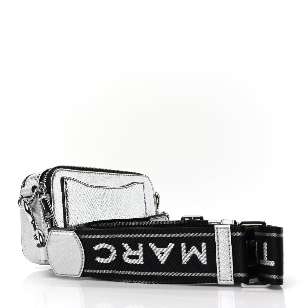 MARC JACOBS
Metallic Sequin Snake Embossed Calfskin Stripe Snapshot Camera Bag Silver