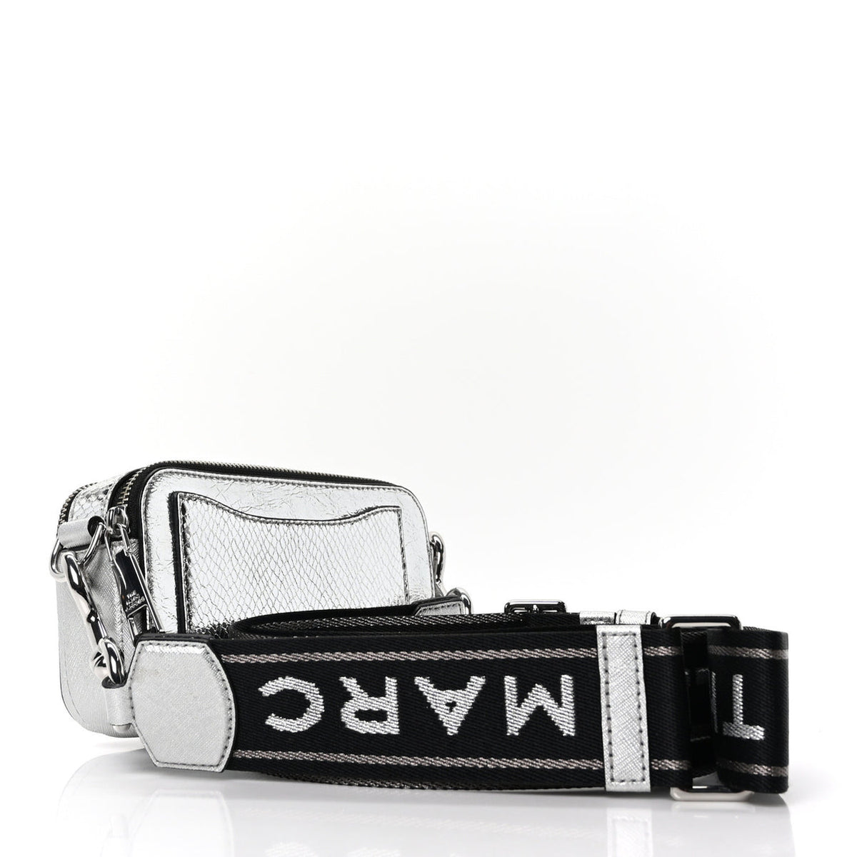 MARC JACOBS
Metallic Sequin Snake Embossed Calfskin Stripe Snapshot Camera Bag Silver