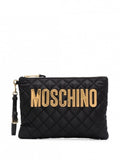 Moschino logo-patch quilted clutch bag