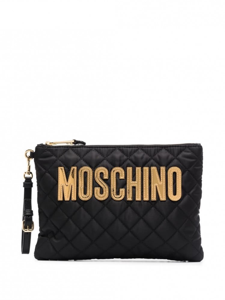Moschino logo-patch quilted clutch bag