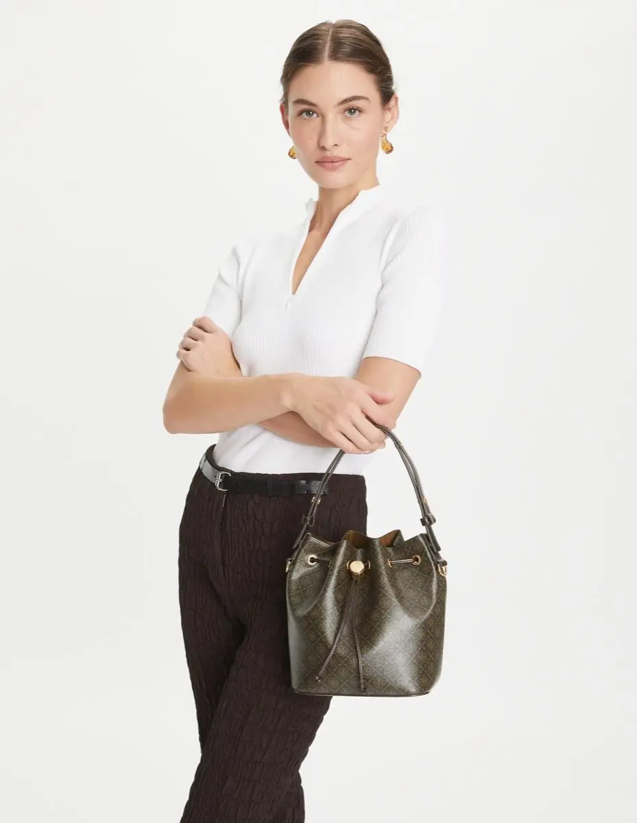 Tory Burch T Monogram Coated Canvas Bucket Bag
