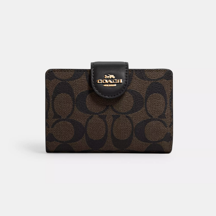 Coach Medium Corner Zip Wallet In Signature Canvas dark brown