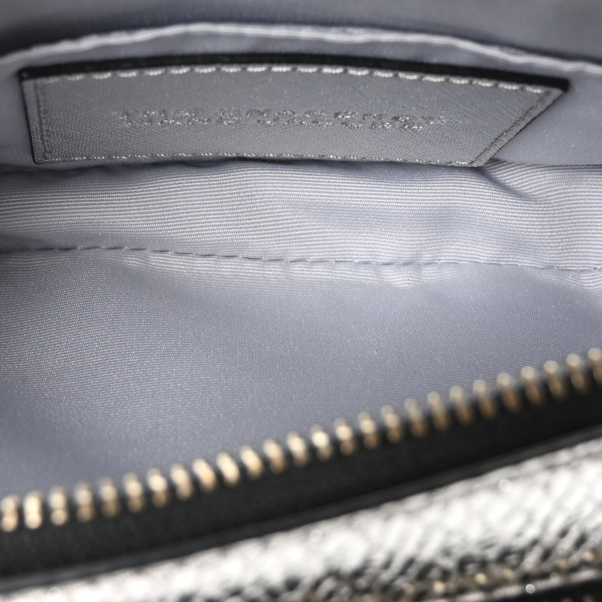 MARC JACOBS
Metallic Sequin Snake Embossed Calfskin Stripe Snapshot Camera Bag Silver
