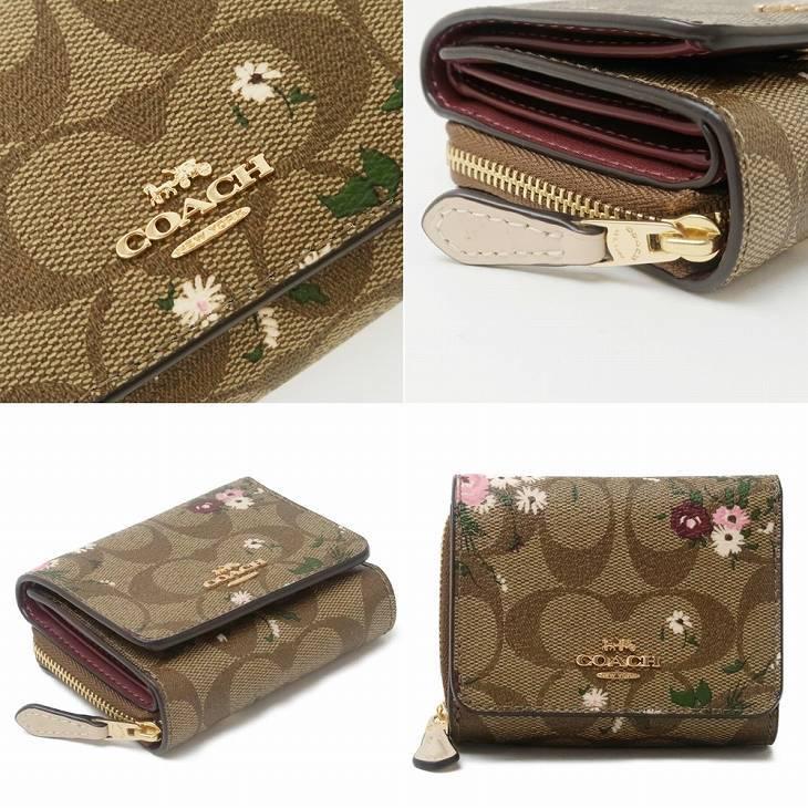 Coach Small Trifold Wallet In Signature Canvas Floral Khaki Brown
