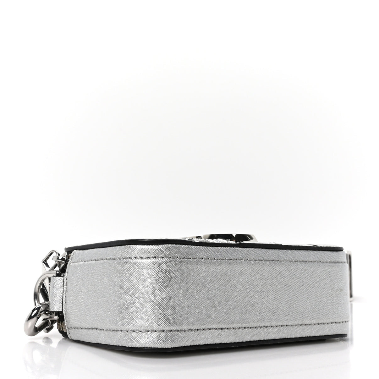 MARC JACOBS
Metallic Sequin Snake Embossed Calfskin Stripe Snapshot Camera Bag Silver