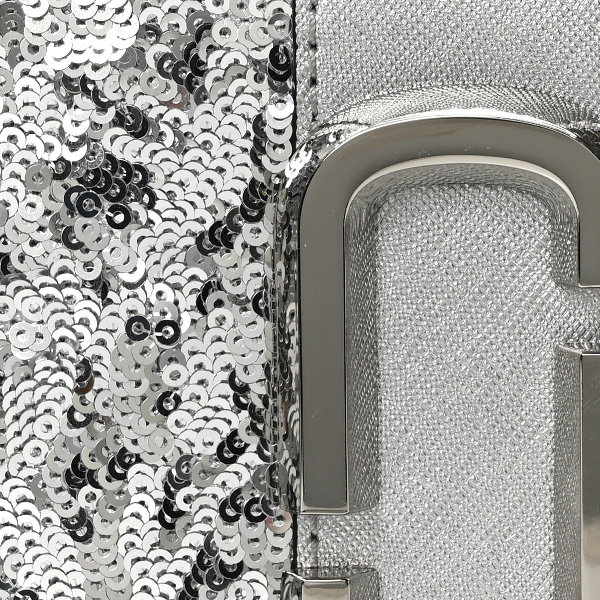 MARC JACOBS
Metallic Sequin Snake Embossed Calfskin Stripe Snapshot Camera Bag Silver