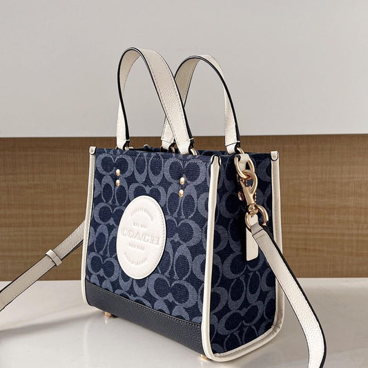 Coach Dempsey Tote 22 In Signature Jacquard With Stripe And Coach Patch in Navy