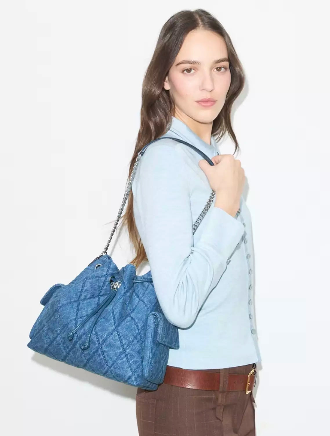 Tory Burch Charlie Quilted Denim Drawstring Shoulder Bag