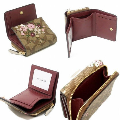Coach Small Trifold Wallet In Signature Canvas Floral Khaki Brown
