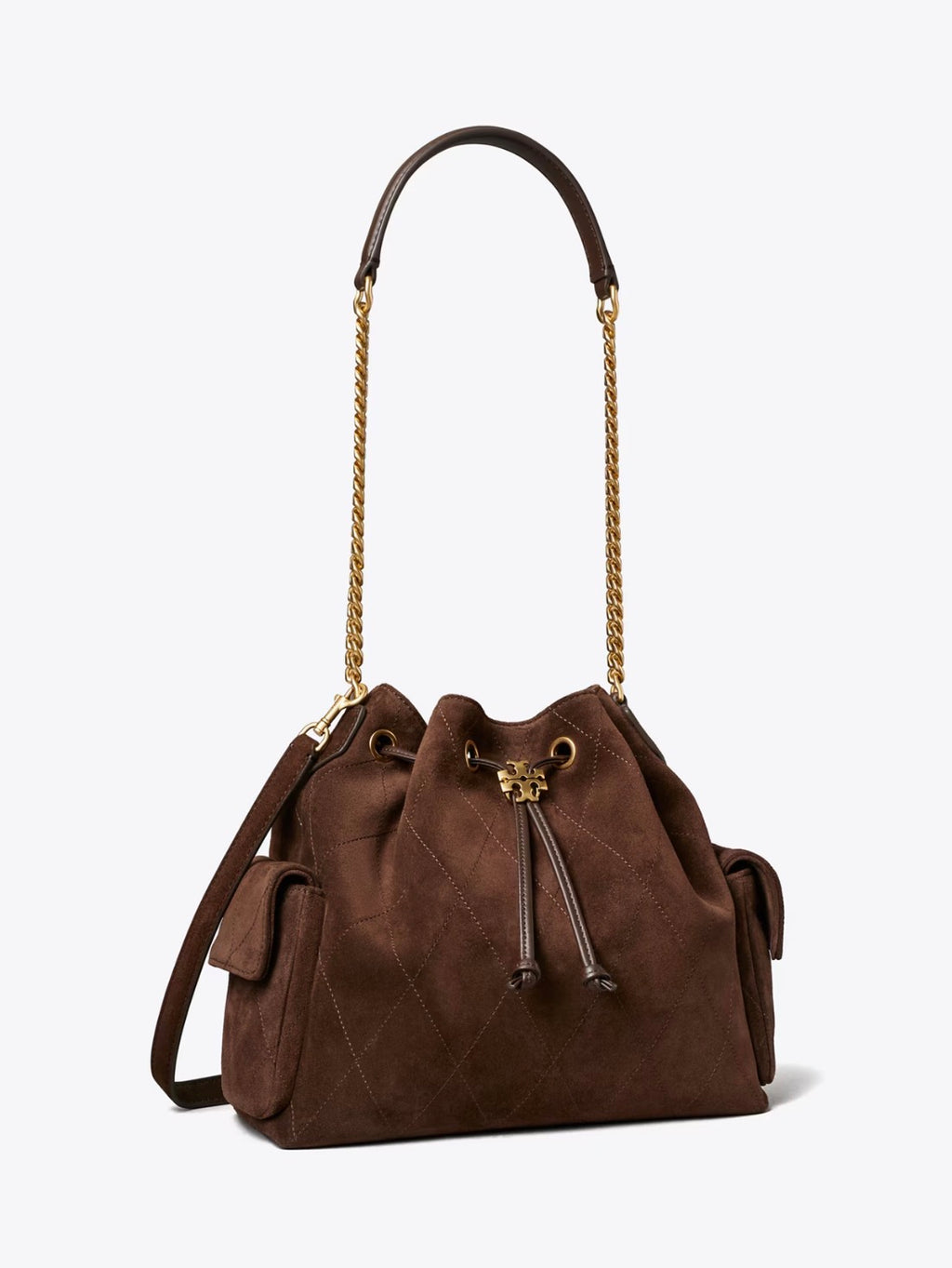 Tory Burch Charlie Quilted Suede Drawstring Shoulder Bag