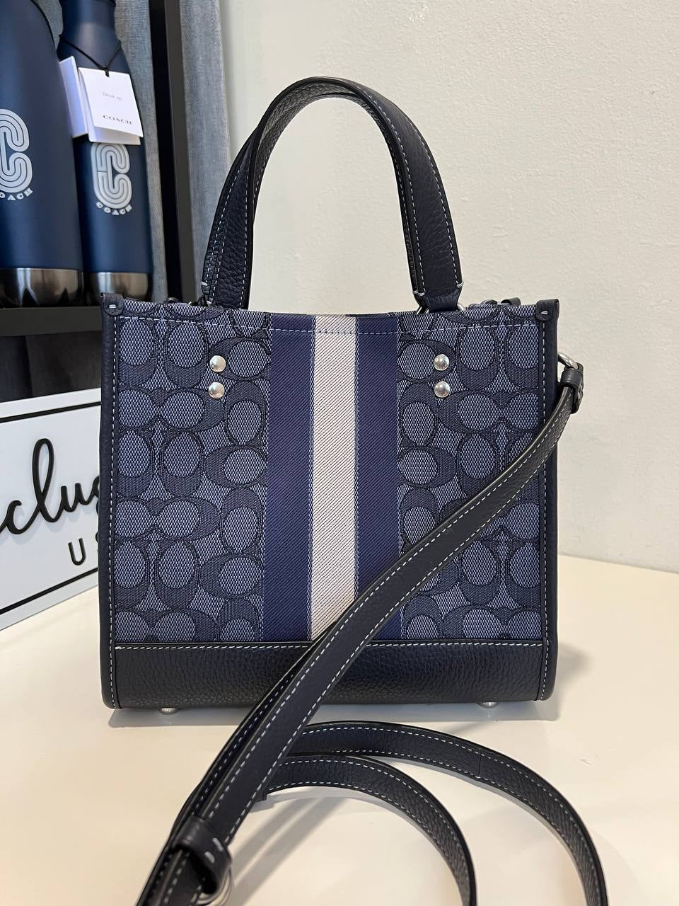 Coach Dempsey Tote 22 In Signature Jacquard With Stripe And Coach Patch in Navy