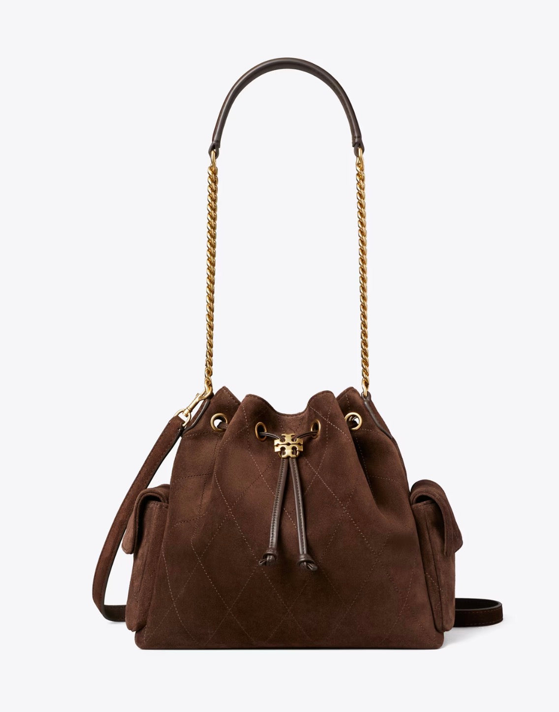 Tory Burch Charlie Quilted Suede Drawstring Shoulder Bag