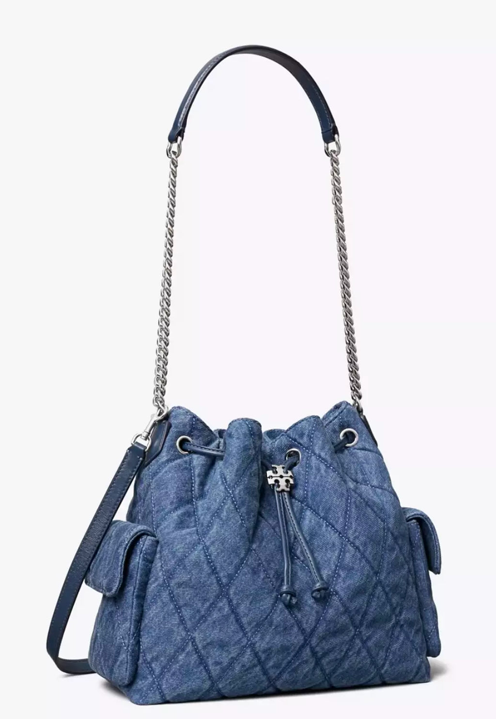 Tory Burch Charlie Quilted Denim Drawstring Shoulder Bag