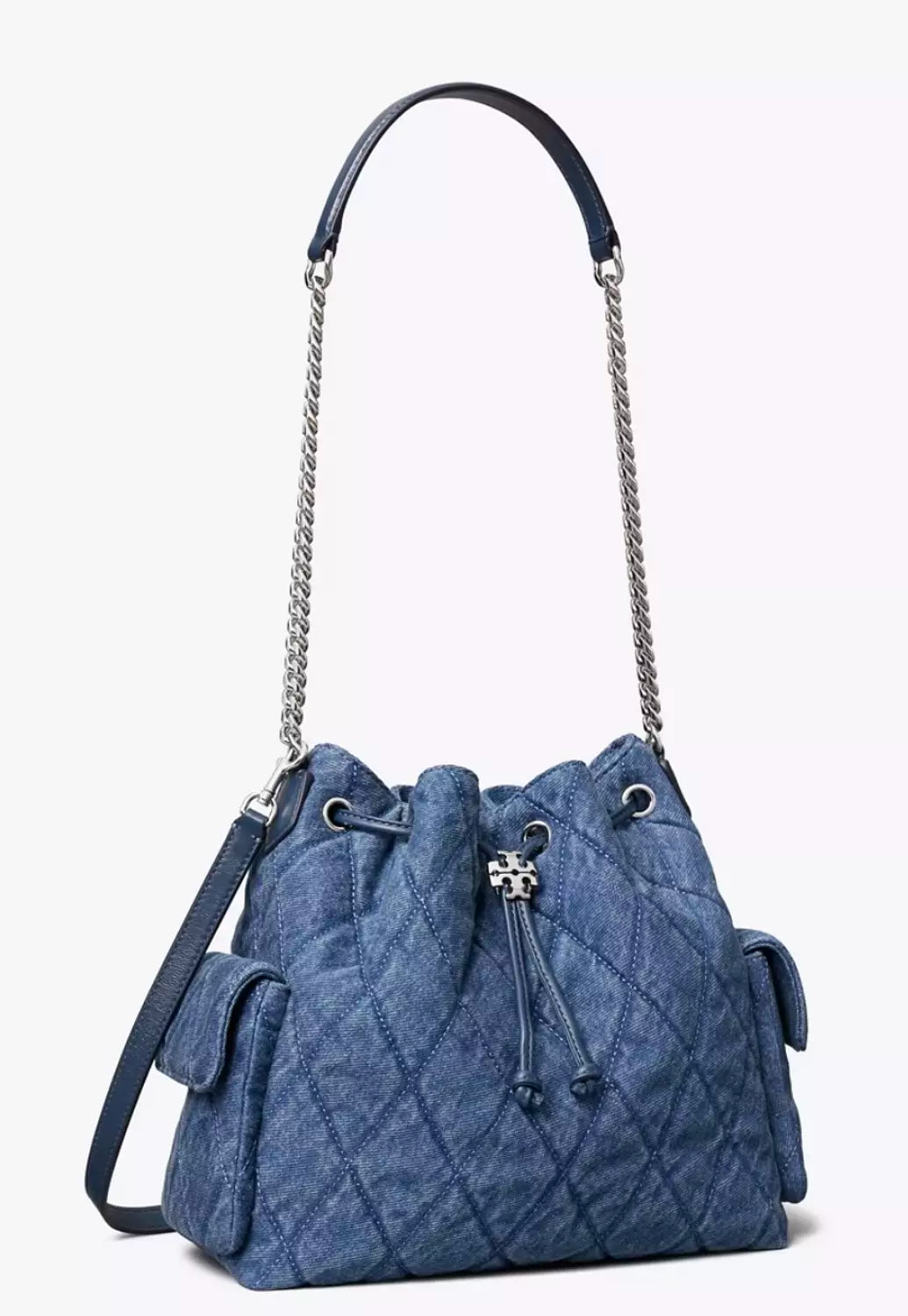 Tory Burch Charlie Quilted Denim Drawstring Shoulder Bag