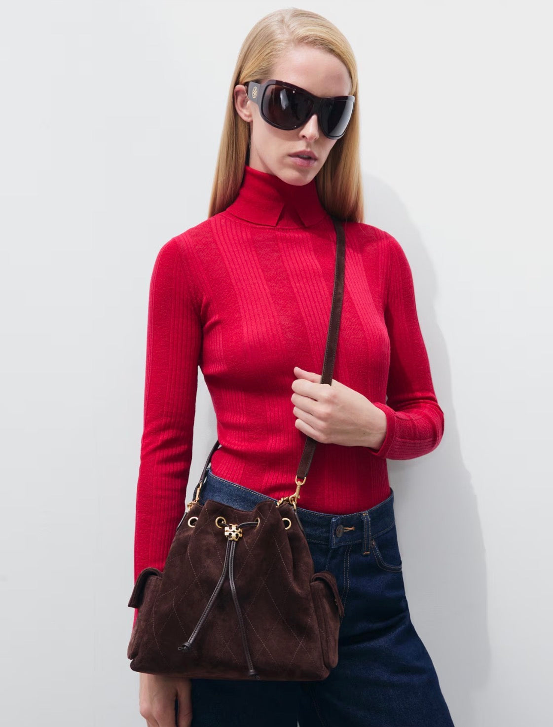 Tory Burch Charlie Quilted Suede Drawstring Shoulder Bag