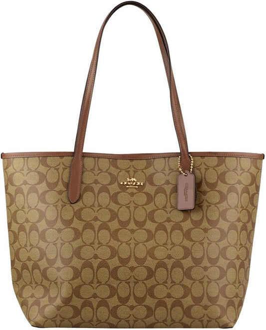 Coach City Tote Bag In Signature Canvas Khaki Saddle dark