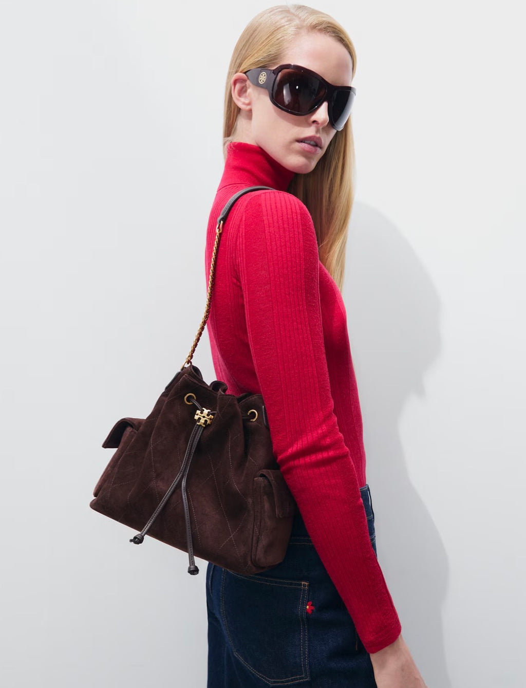 Tory Burch Charlie Quilted Suede Drawstring Shoulder Bag