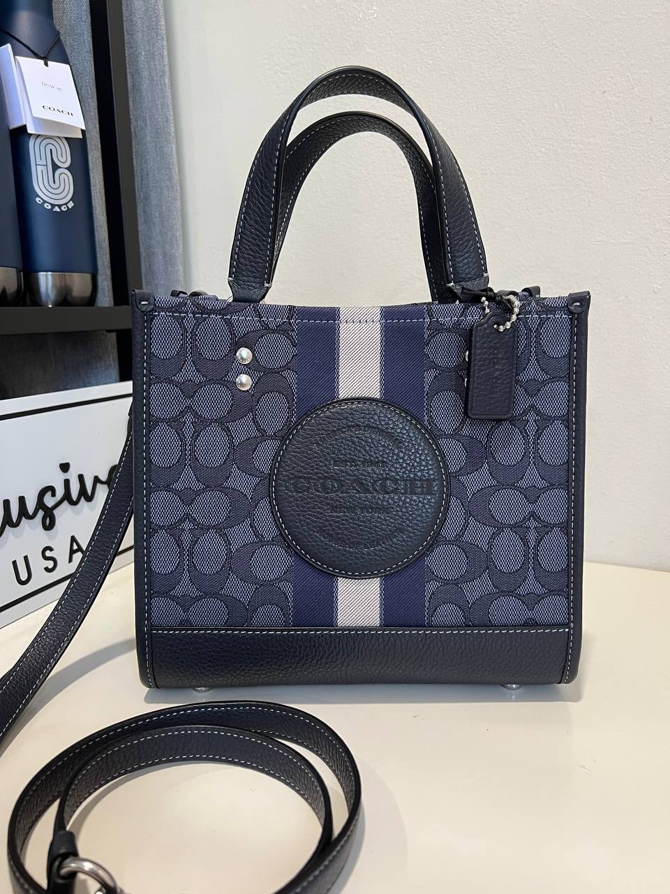 Coach Dempsey Tote 22 In Signature Jacquard With Stripe And Coach Patch in Navy