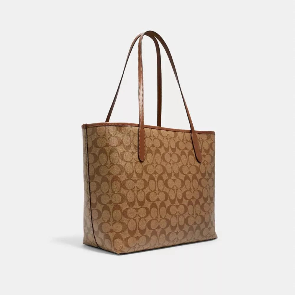 Coach City Tote Bag In Signature Canvas Khaki Saddle dark