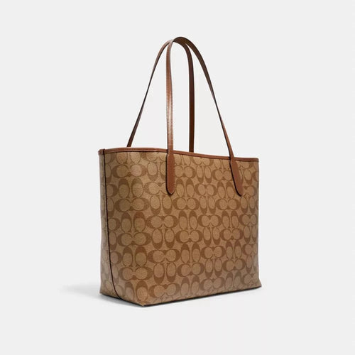 Coach City Tote Bag In Signature Canvas Khaki Saddle dark