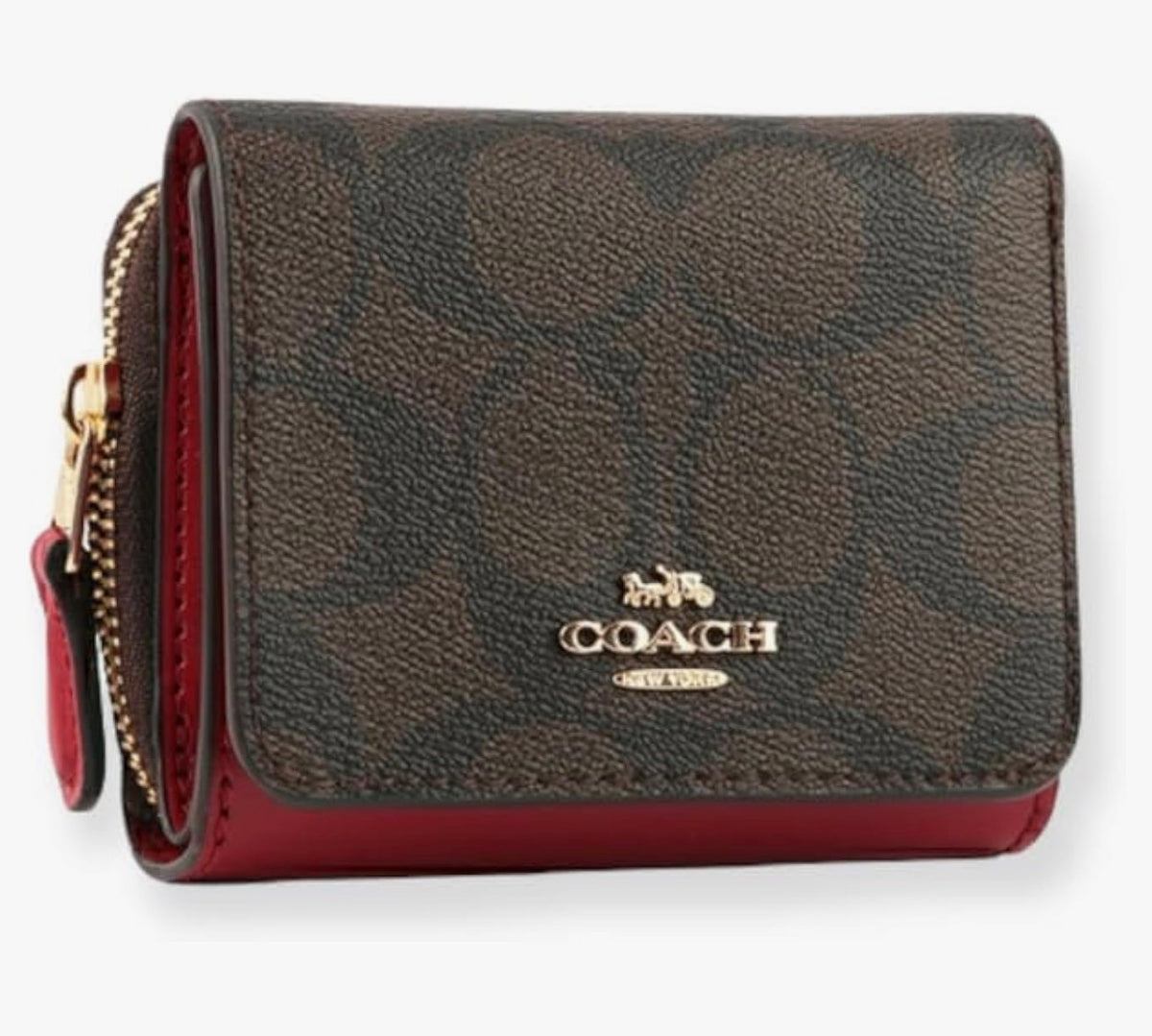 Coach Small Trifold Wallet In Signature Canvas Brown Red