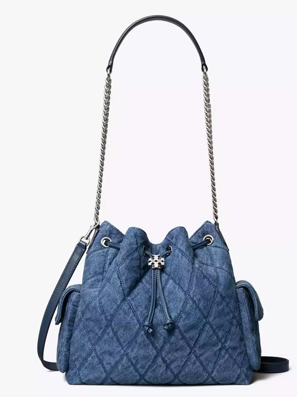 Tory Burch Charlie Quilted Denim Drawstring Shoulder Bag