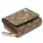 Coach Small Trifold Wallet In Signature Canvas Floral Khaki Brown