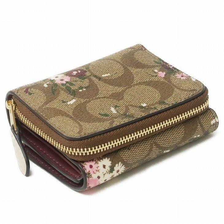 Coach Small Trifold Wallet In Signature Canvas Floral Khaki Brown