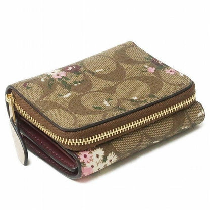 Coach Small Trifold Wallet In Signature Canvas Floral Khaki Brown